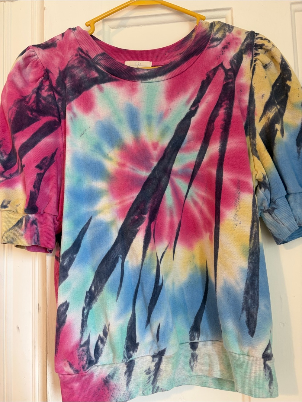 T.La Tie-Dye Puff Sleeve Sweatshirt - Pink Blue Yellow Black